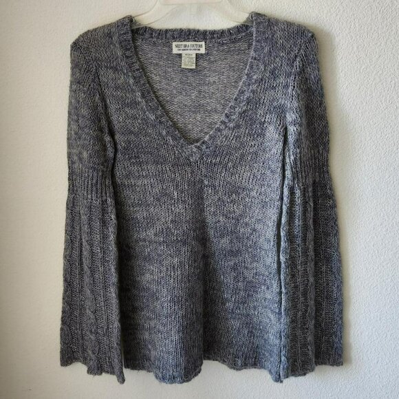 NEXT ERA Vintage Y2K Grey Fuzzy Sweater Sz M Bell Sleeve Cable Knit Boho Cottage - Picture 3 of 4